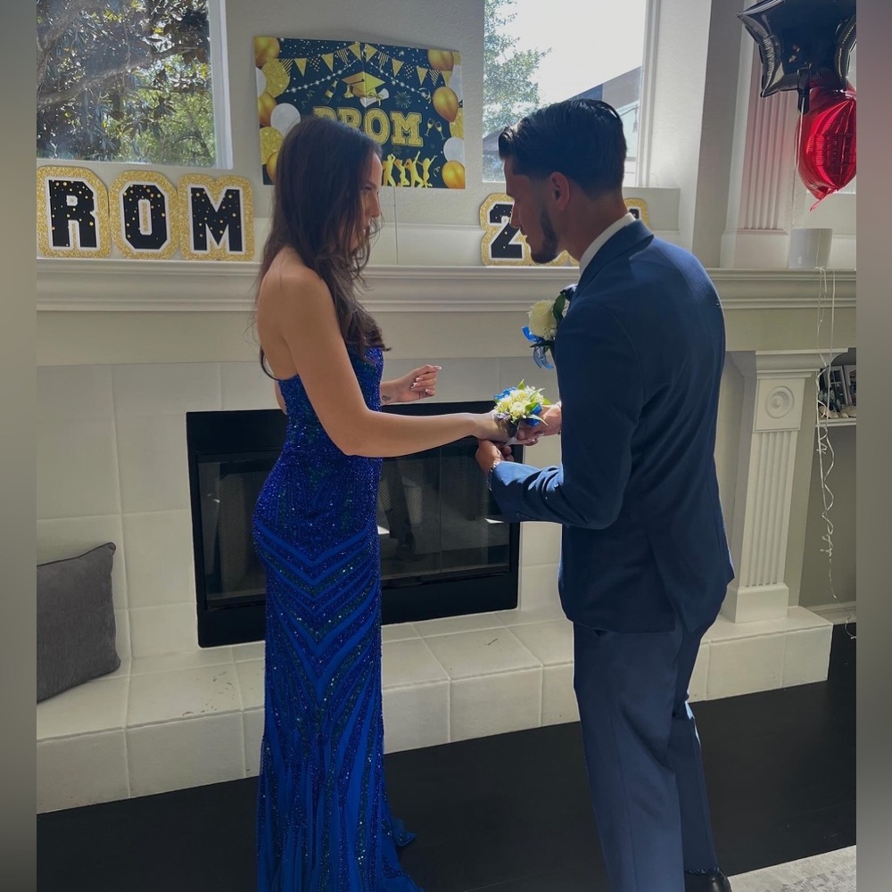 Blue Prom dress great condition with green and blue rhinestones